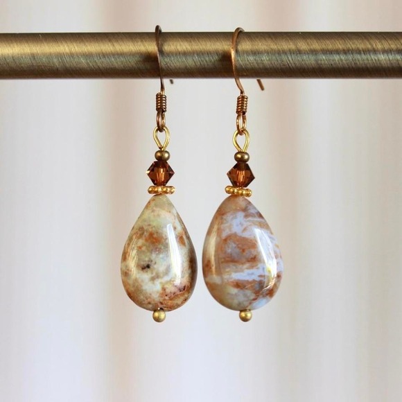 Jewelry - Handmade Desert Jasper Teardrop Stone Dangle‎ Earrings Earthy Boho Bohemian